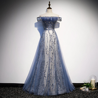 Blue tulle sequins long prom dress evening dress - Thumbnail 4