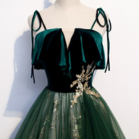 Green Velvet Tulle Prom Dress Formal Dress - Thumbnail 1
