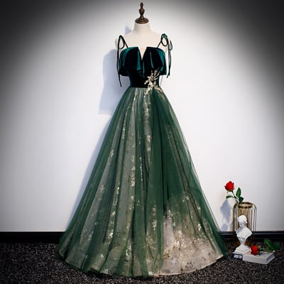 Green velvet tulle prom dress formal dress