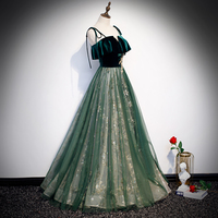 Green Velvet Tulle Prom Dress Formal Dress - Thumbnail 2