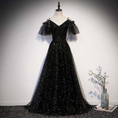 Black tulle lace long prom dress formal dress - Thumbnail 3
