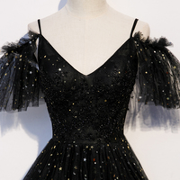 Black tulle lace long prom dress formal dress - Thumbnail 1