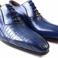 Handmade Kay Blue Half Crocodile Italian Leather Dress Shoes/Oxford Shoes - Thumbnail 4