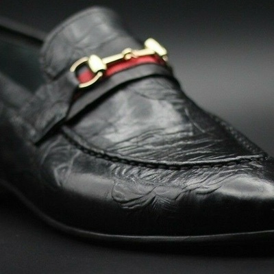 Handmade men’s genuine black printed leather moccasin formal wear shoes