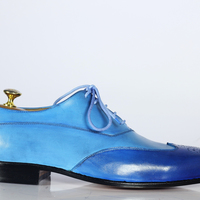 Handmade Blue Wing Tip Brogue Shoes Stylish Leather Lace Up Shoes For Men's - Thumbnail 2