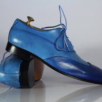 Handmade Blue Wing Tip Brogue Shoes Stylish Leather Lace Up Shoes For Men's - Thumbnail 3