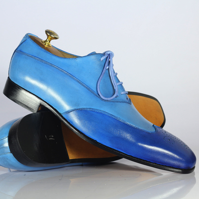 Handmade blue wing tip brogue shoes stylish leather lace up shoes for men's - Thumbnail 2
