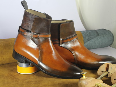 Handmade Ankle Tone Brown Leather jodhpurs Boot For Men's