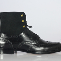 Handmade Ankle Black Wing Tip Leather Suede Lace Up Boot For Men's - Thumbnail 2