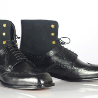 Handmade Ankle Black Wing Tip Leather Suede Lace Up Boot For Men's - Thumbnail 1