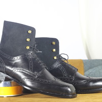 Handmade Ankle Black Wing Tip Leather Suede Lace Up Boot For Men's - Thumbnail 3