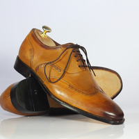 Handmade Men's Tan Leather Shoes Wing Tip Lace Up  Shoes - Thumbnail 1