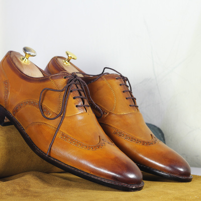 Handmade men's tan leather shoes wing tip lace up  shoes - Thumbnail 3