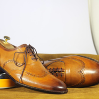 Handmade Men's Tan Leather Shoes Wing Tip Lace Up  Shoes - Thumbnail 3