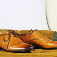 Handmade Men's Tan Leather Shoes Wing Tip Lace Up  Shoes - Thumbnail 2