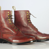 Handmade Men's Fashion Burgundy Wing tip Pebbled Leather Ankle Lace Up Boots - Thumbnail 1