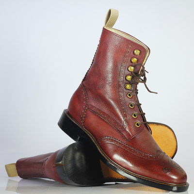 Handmade men's fashion burgundy wing tip pebbled leather ankle lace up boots