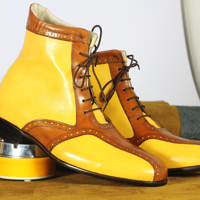 Handmade men's fashion stylish yellow & brown leather ankle lace up boots