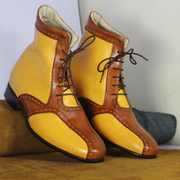 Handmade Men's Fashion Stylish Yellow & Brown Leather Ankle Lace Up Boots - Thumbnail 3