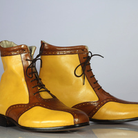 Handmade Men's Fashion Stylish Yellow & Brown Leather Ankle Lace Up Boots - Thumbnail 2