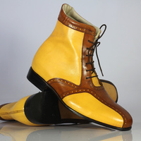 Handmade Men's Fashion Stylish Yellow & Brown Leather Ankle Lace Up Boots - Thumbnail 1