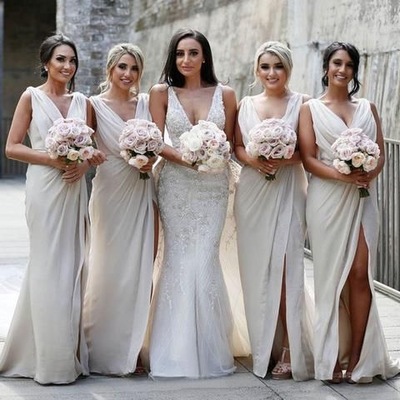 V Neck Slit Side Long Bridesmaid Dresses for Wedding party