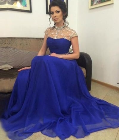 Royal Blue Prom Dresses High Neck Cap Sleeves with Rhinestones