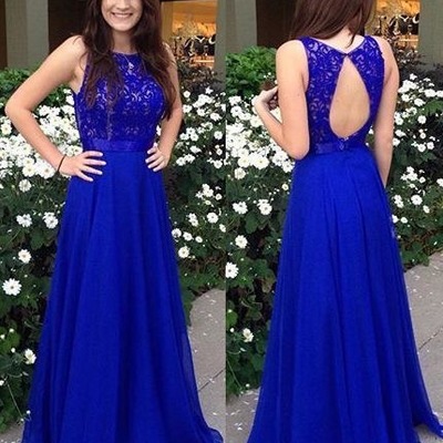 Royal blue prom dresses with lace open back - Thumbnail 3