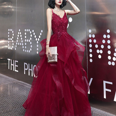 Burgundy lace prom gown evening dress - Thumbnail 5