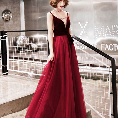Burgundy velvet tulle prom dress evening dress - Thumbnail 4