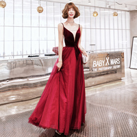 Burgundy velvet tulle prom dress evening dress - Thumbnail 2