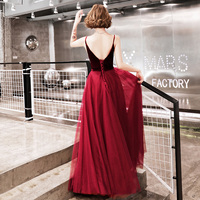 Burgundy velvet tulle prom dress evening dress - Thumbnail 3