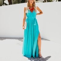 V Neck Sleeveless Long Party Dress - Thumbnail 3