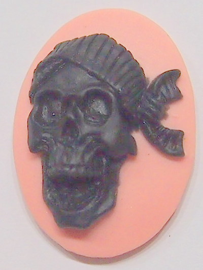 6 of 25x18 mm Skull with Bandana Cameos Pirate Gothic Black over Pink Zombie Wow