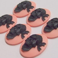 6 of 25x18 mm Skull with Bandana Cameos Pirate Gothic Black over Pink Zombie Wow - Thumbnail 1