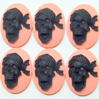 6 of 25x18 mm Skull with Bandana Cameos Pirate Gothic Black over Pink Zombie Wow - Thumbnail 2