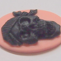 6 of 25x18 mm Skull with Bandana Cameos Pirate Gothic Black over Pink Zombie Wow - Thumbnail 3
