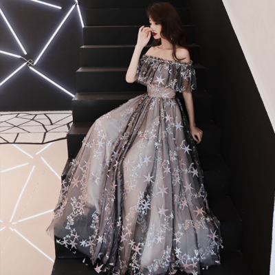 Off shoulder elegant stars design evening dress - Thumbnail 3