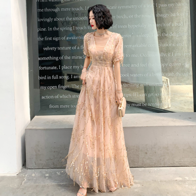 Champagne Sequined Long Evening Dress