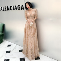 Champagne Sequined Long Evening Dress - Thumbnail 2