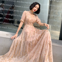 Champagne Sequined Long Evening Dress - Thumbnail 3