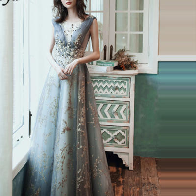 Luxury crystal beaded v neck long dress - Thumbnail 3