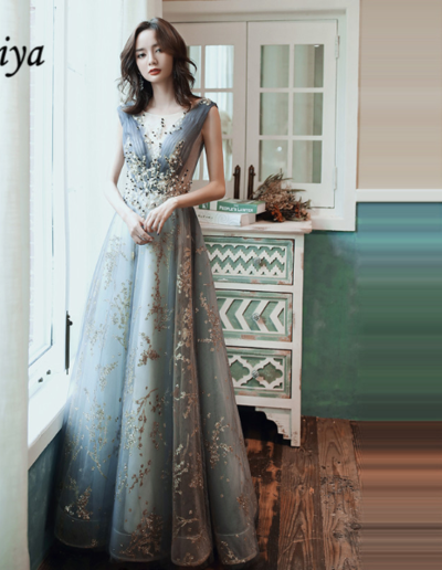 Luxury Crystal Beaded V neck Long Dress