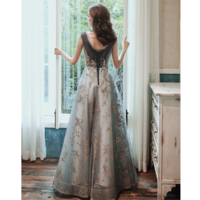 Luxury Crystal Beaded V neck Long Dress - Thumbnail 2