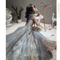 Luxury Crystal Beaded V neck Long Dress - Thumbnail 3