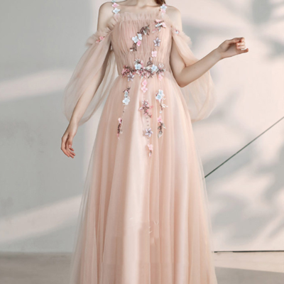 Elegant lace up back pink floral tulle dress - Thumbnail 4