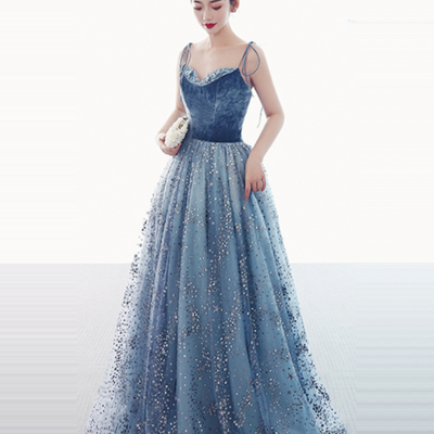 Elegant blue sequined v neck long dress - Thumbnail 5