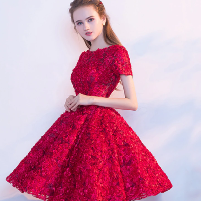 Red lace short sleeve cocktail dress - Thumbnail 4