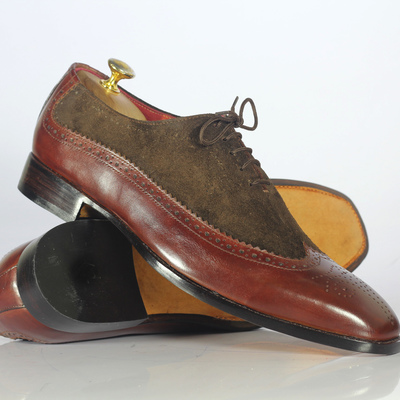 Handmade brown leather suede wing tip shoes stylish lace up shoes for men's - Thumbnail 3