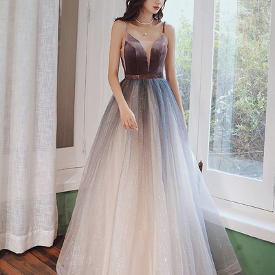 A line velvet tulle long prom dress  evening dress - Thumbnail 4